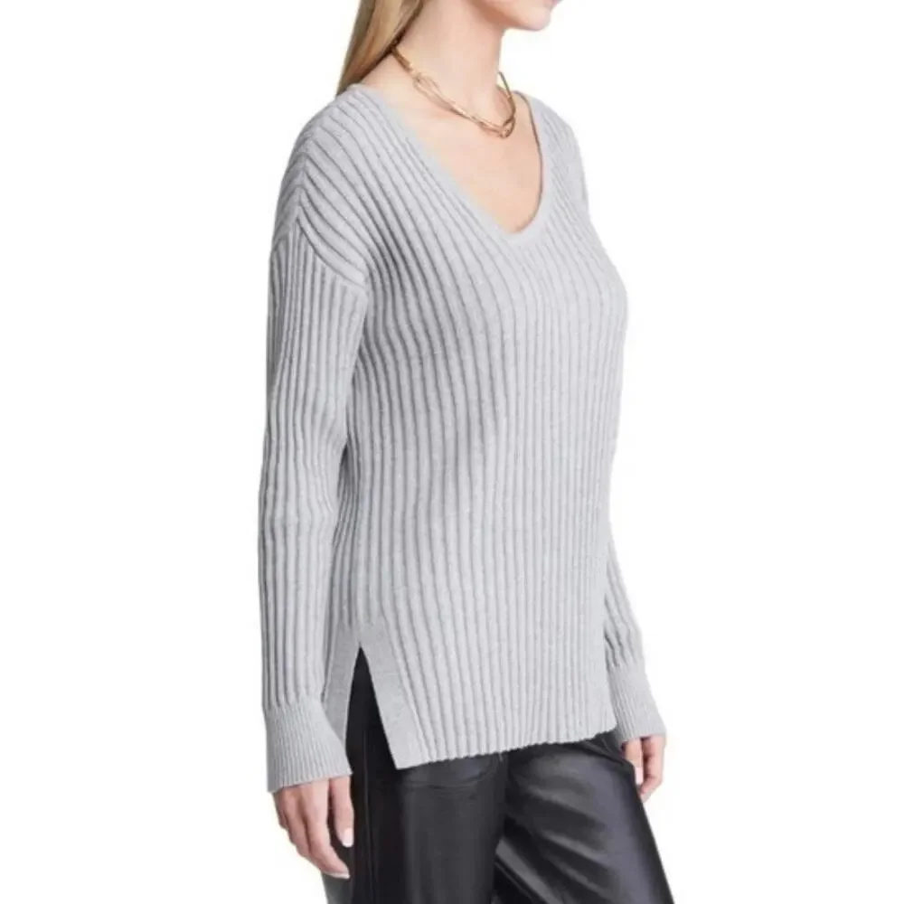 NEW Open Edit Ribbed Sweater Asymmetric Vneck Tunic Long Sleeve Gray Size Small